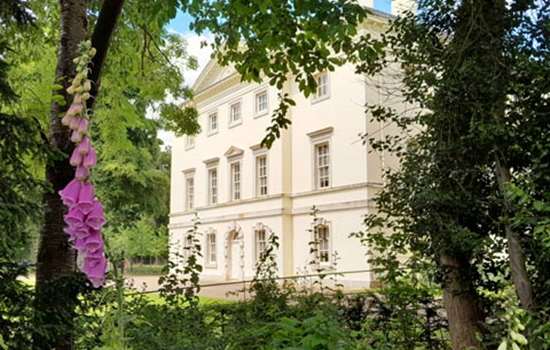 An exterior view of Marble Hill surrounded by greenery and purple flowers.