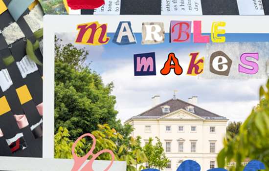 A collage of photos of art and materials overlayed on a photo of Marble Hill House.