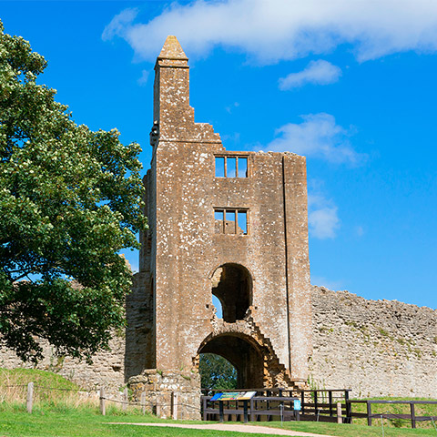 The tall, ruined gatehouse tower at Old Sherborne Castle