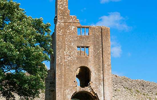 The tall, ruined gatehouse tower at Old Sherborne Castle