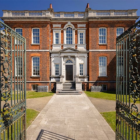 Grand Georgian red brick frontage of a large house (Ranger's House)